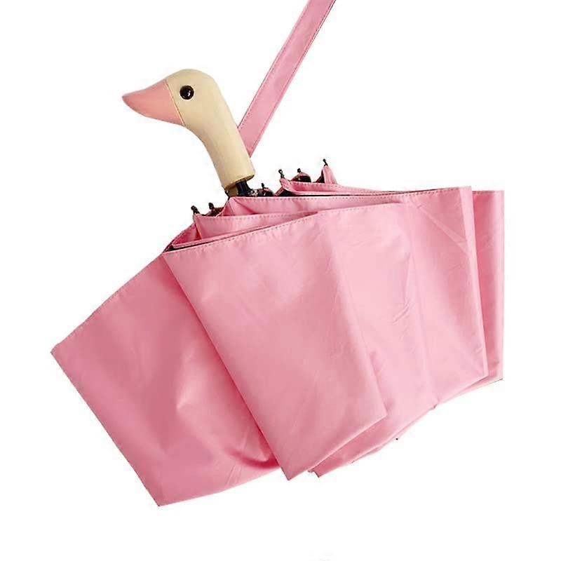 Cute Duck Head Wooden Handle Folding Umbrella 3 Folding Semi-Automatic Sun and Rain Umbrella