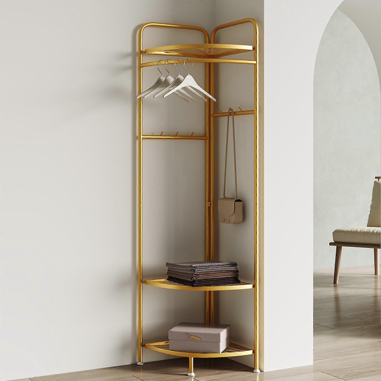 corner coat rack,corner hall tree with 6 hooks and storage shelf,gold clothing rack