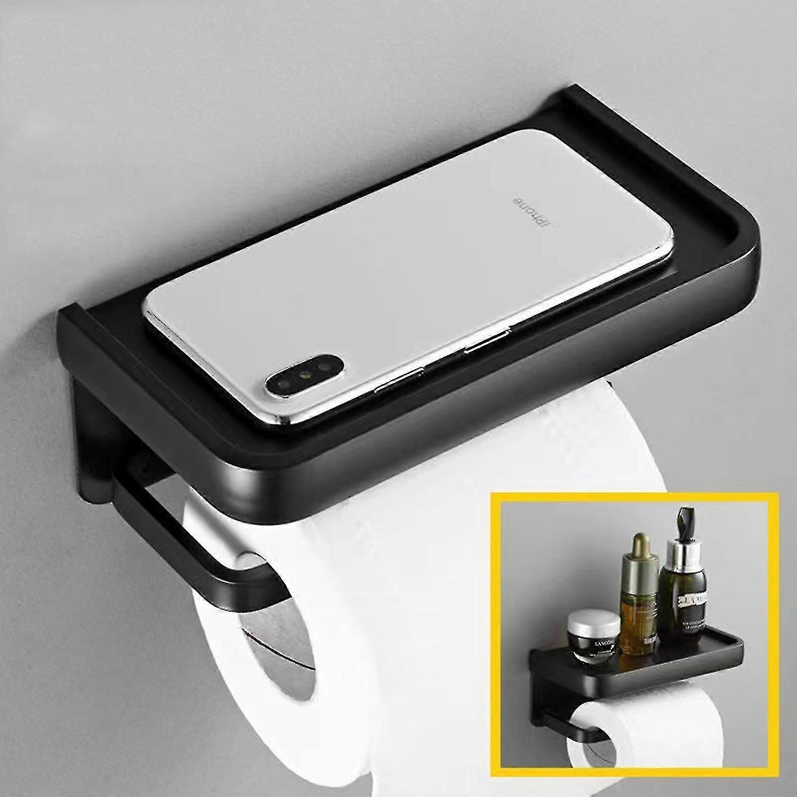 Toilet Paper Holder, Wall Mounted Toilet Paper Holder With Storage Shelf, Space Aluminum Punch-free Tissue Storage Rack