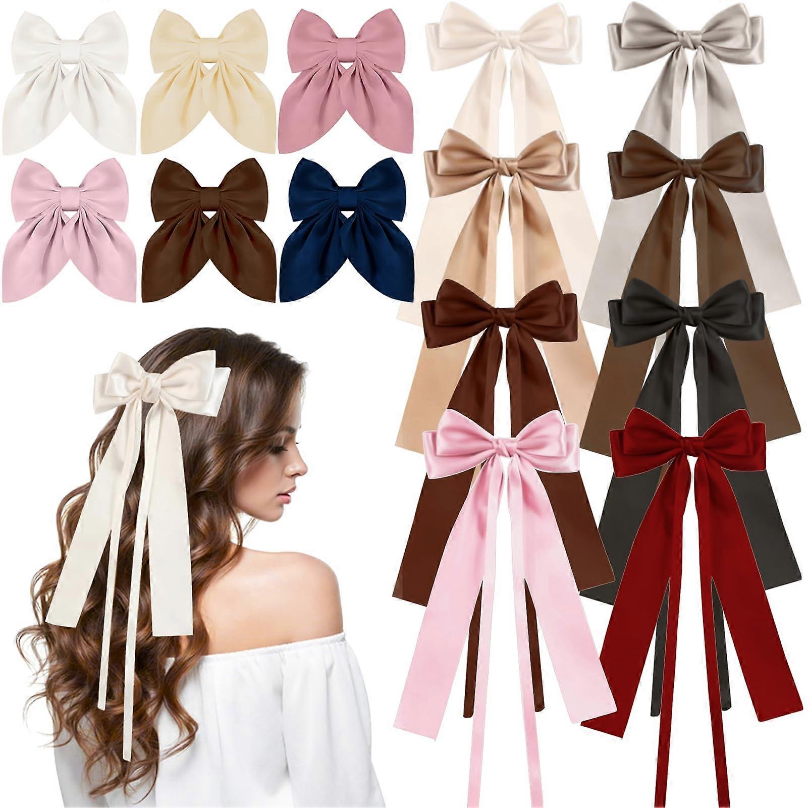 14 Pcs Hair Bows for Women, Bow Hair Clips with Long Tail, Coquette Bows Hair Ribbons, Big Hair Bow Hair Accessories for Women (Trendy Brown)