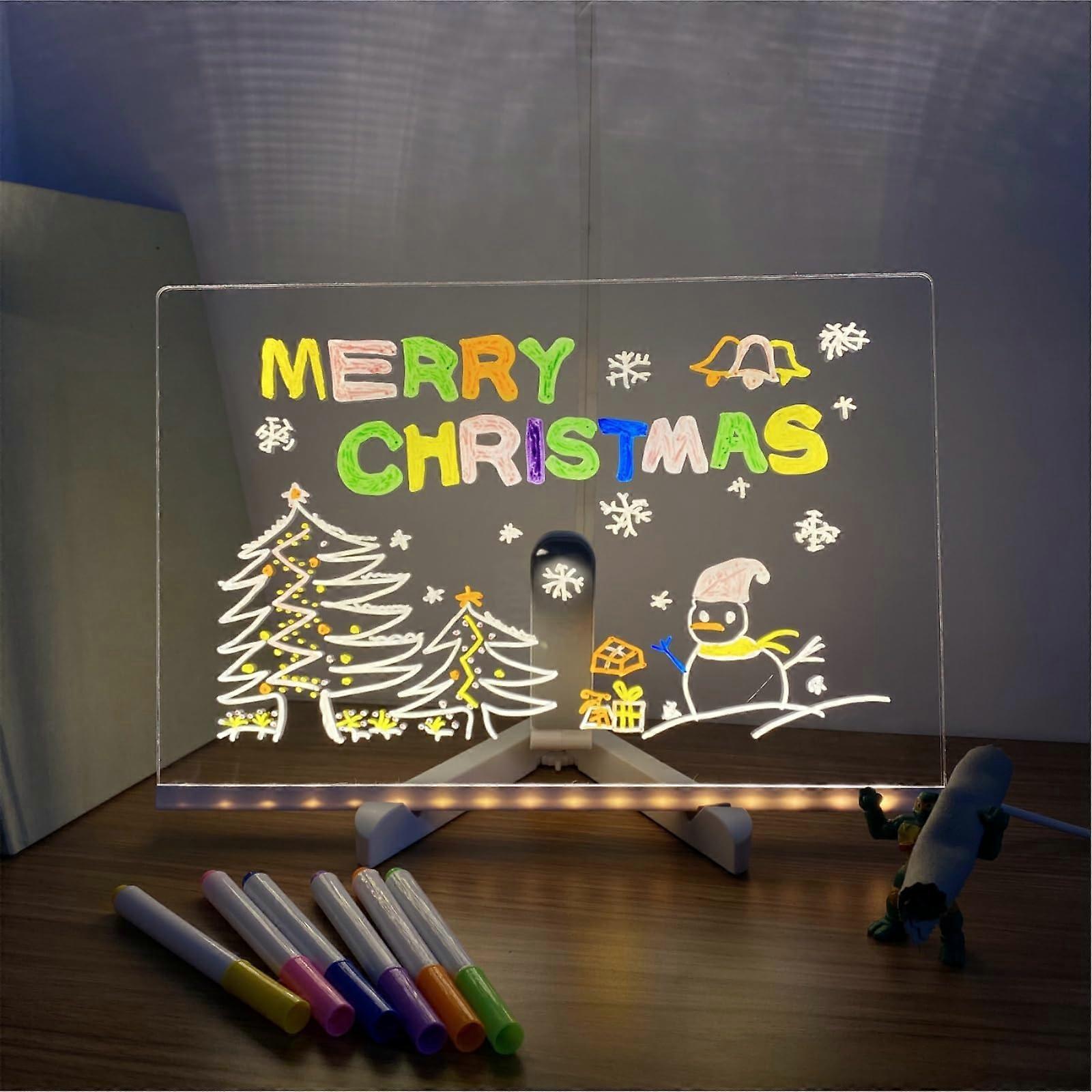 LED Acrylic Message Board, Christmas Note Board with Stand, Dry Erase Board, 7 Colorful Pen (30×20cm)
