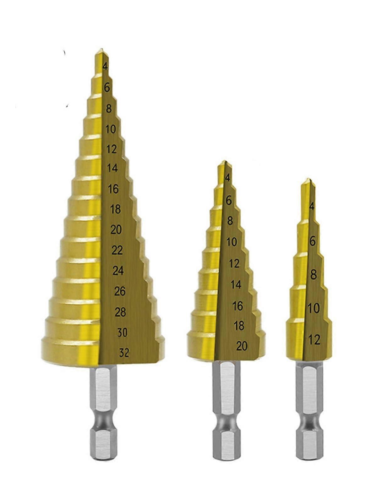 HSS Steel Step Cone Drill Bit Set, 3 Pieces 4-12mm, 4-20mm, 4-32mm, Titanium Coated Metal Hole Cutter Tools