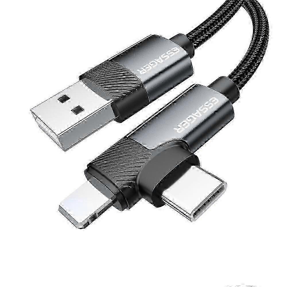 ESSAGER 2m USB-A to iP + Type-C 90 Degree Right Angle 3A Fast Charging Data Cable