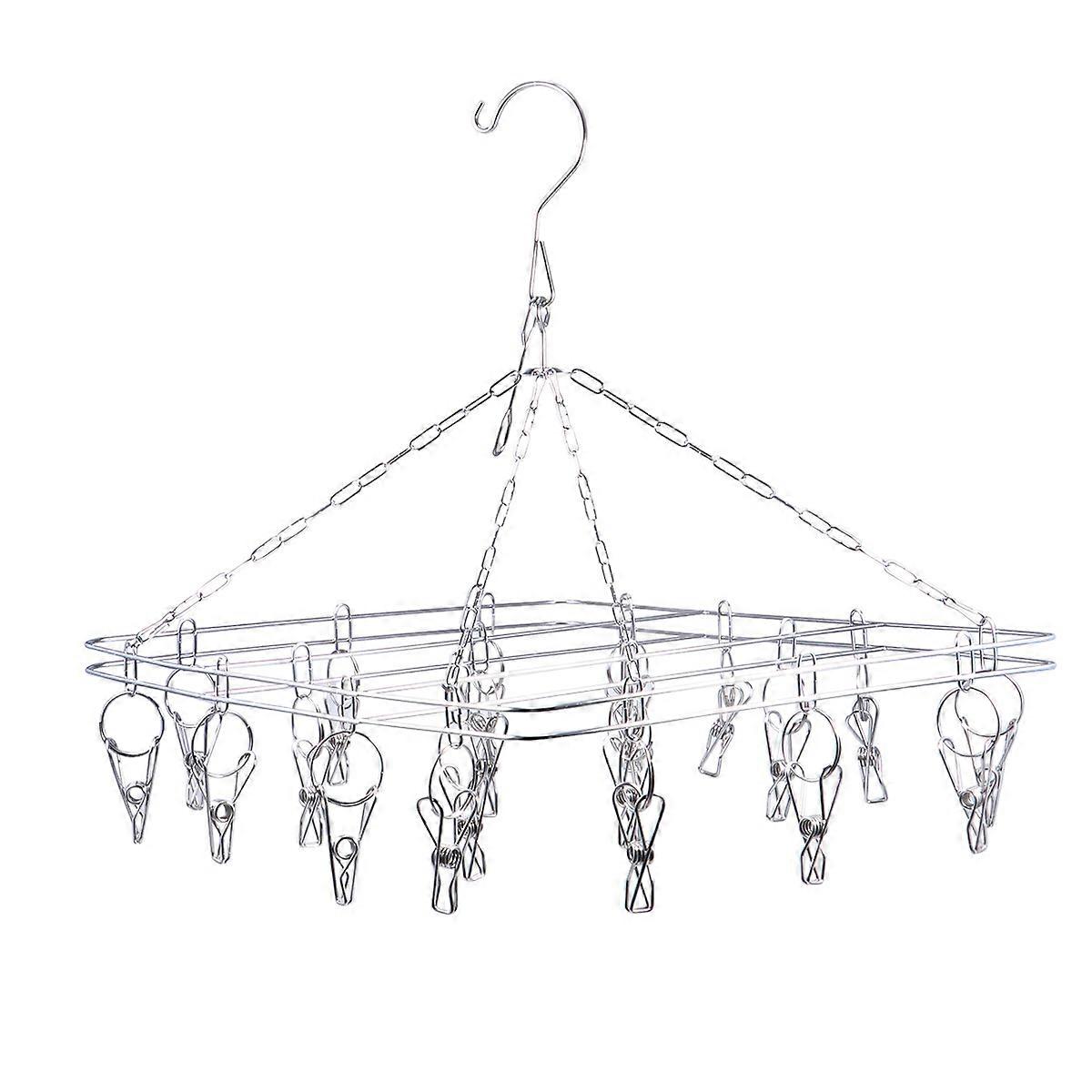 Space Saving Stainless Steel Drying Rack with Swivel Hooks and Pegs for Clothes, Socks, and Underwear – Windproof Household Hanger in Silver