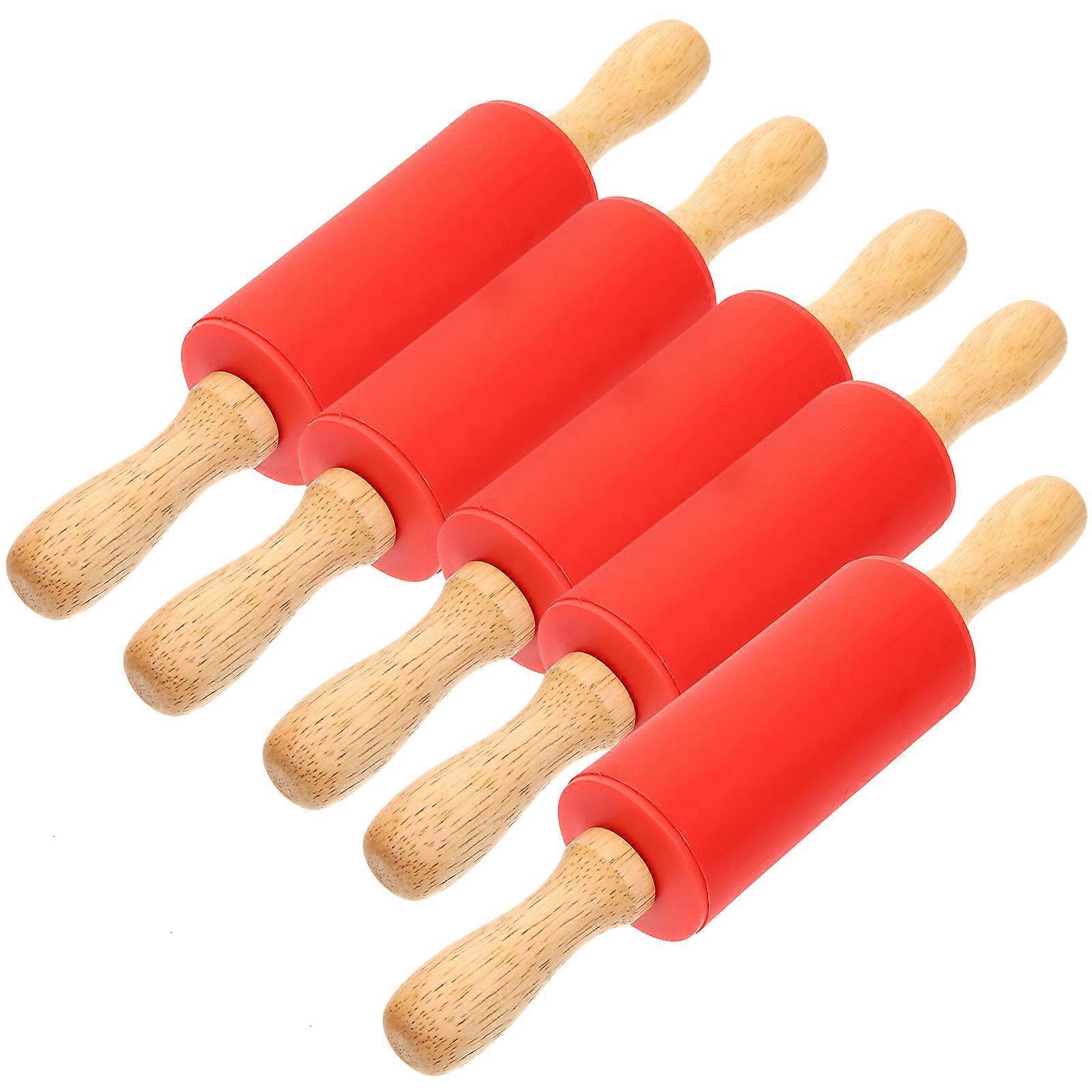 Kids Rolling Pin Toy Baking Accessories For Playtime Cylindrical Red 22.5x4cm 5Pcs