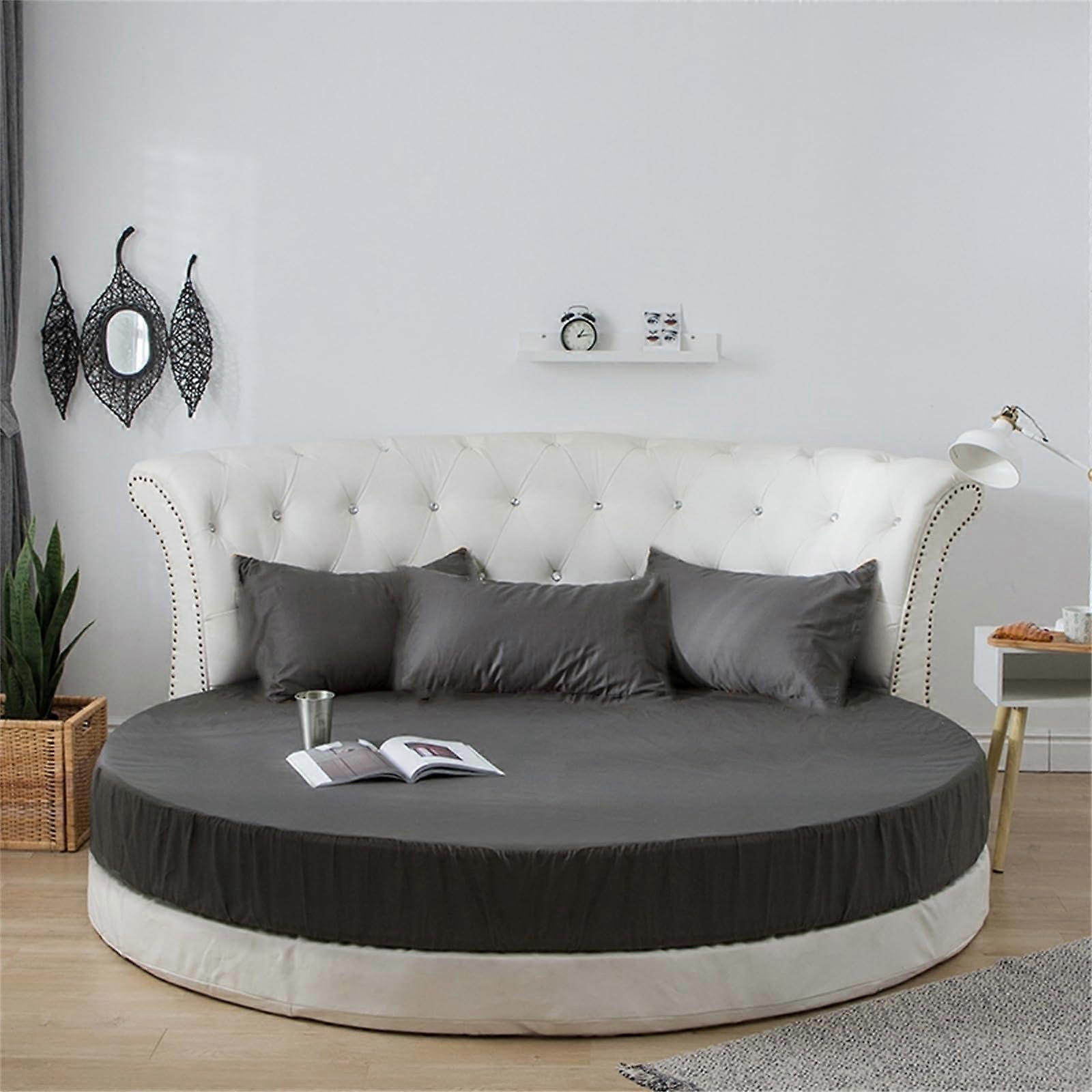 Round Fitted Sheet with Pillowcases, Soft Breathable Cotton, Dark Gray, 180cm for Box Spring Water Bed Mattress 48x74cm