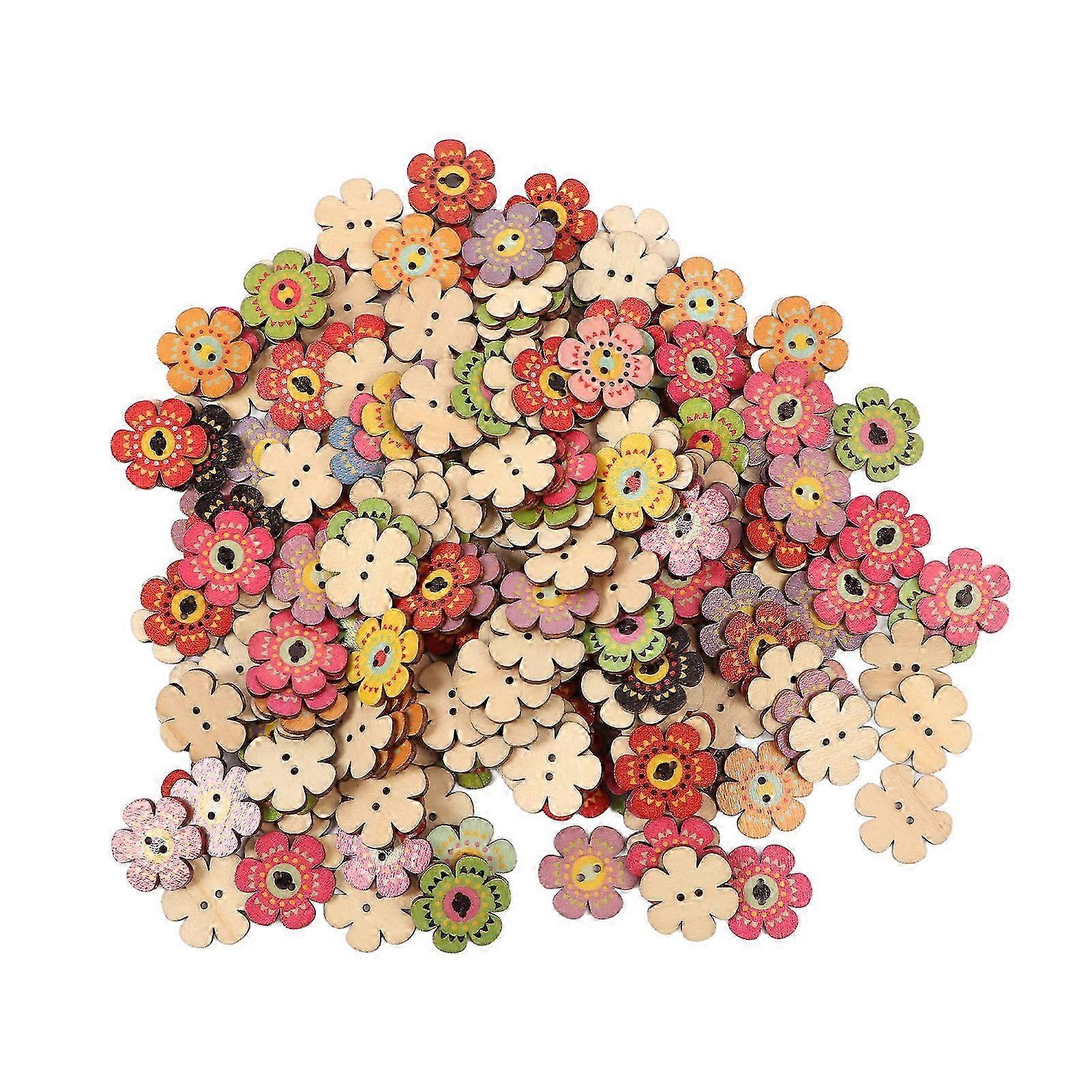 Retro Colorful Flower Buttons Made of Durable Wood for Clothing and Bag DIY - 200 Pcs (25mm) Random Styles