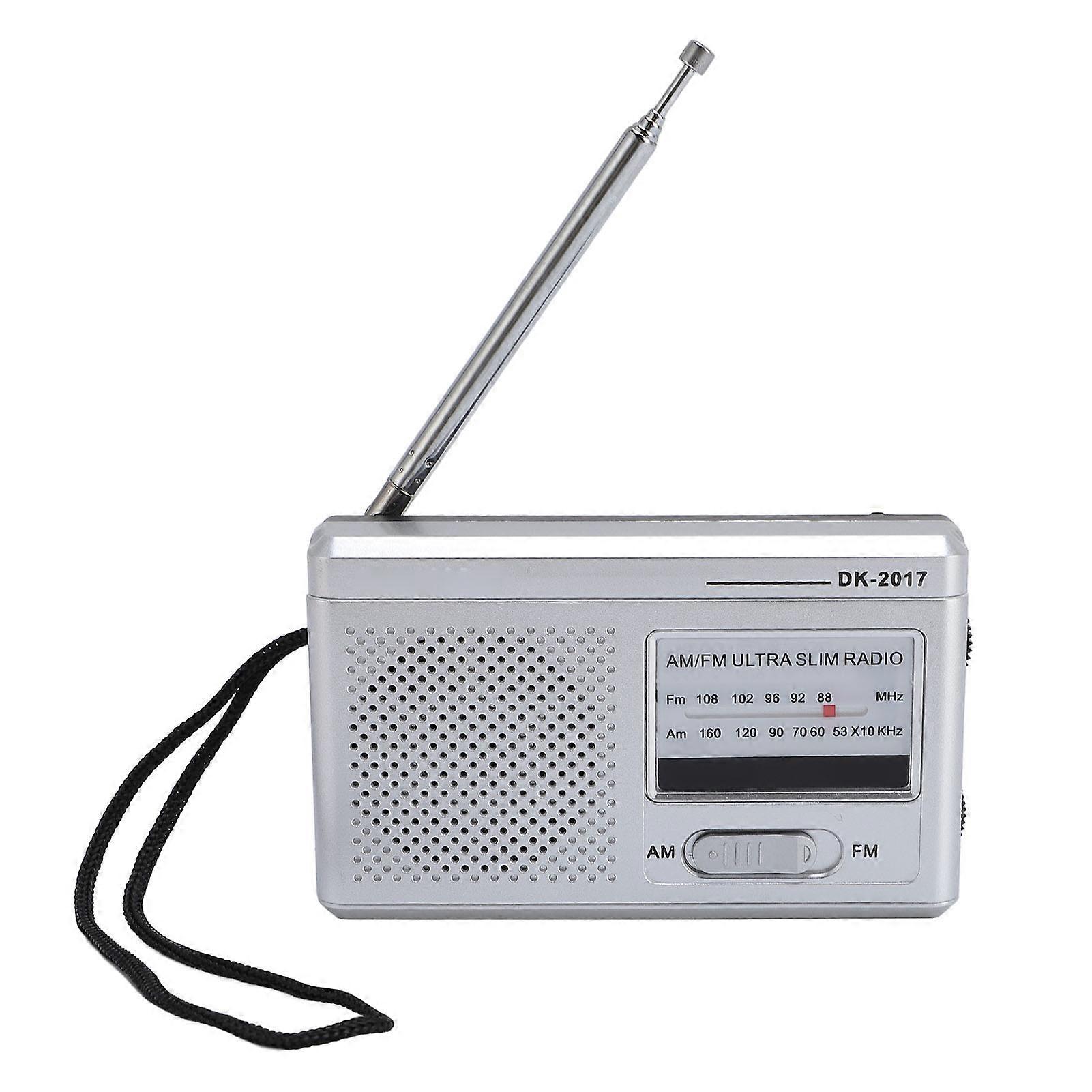 Portable FM AM Radio with Headphone Jack and Built-in Speaker, Battery Powered, Silver