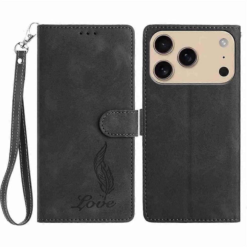 Compatible For iPhone 17 Pro Max Case Imprinted Feather PU Leather Wallet Phone Cover with Wrist Strap