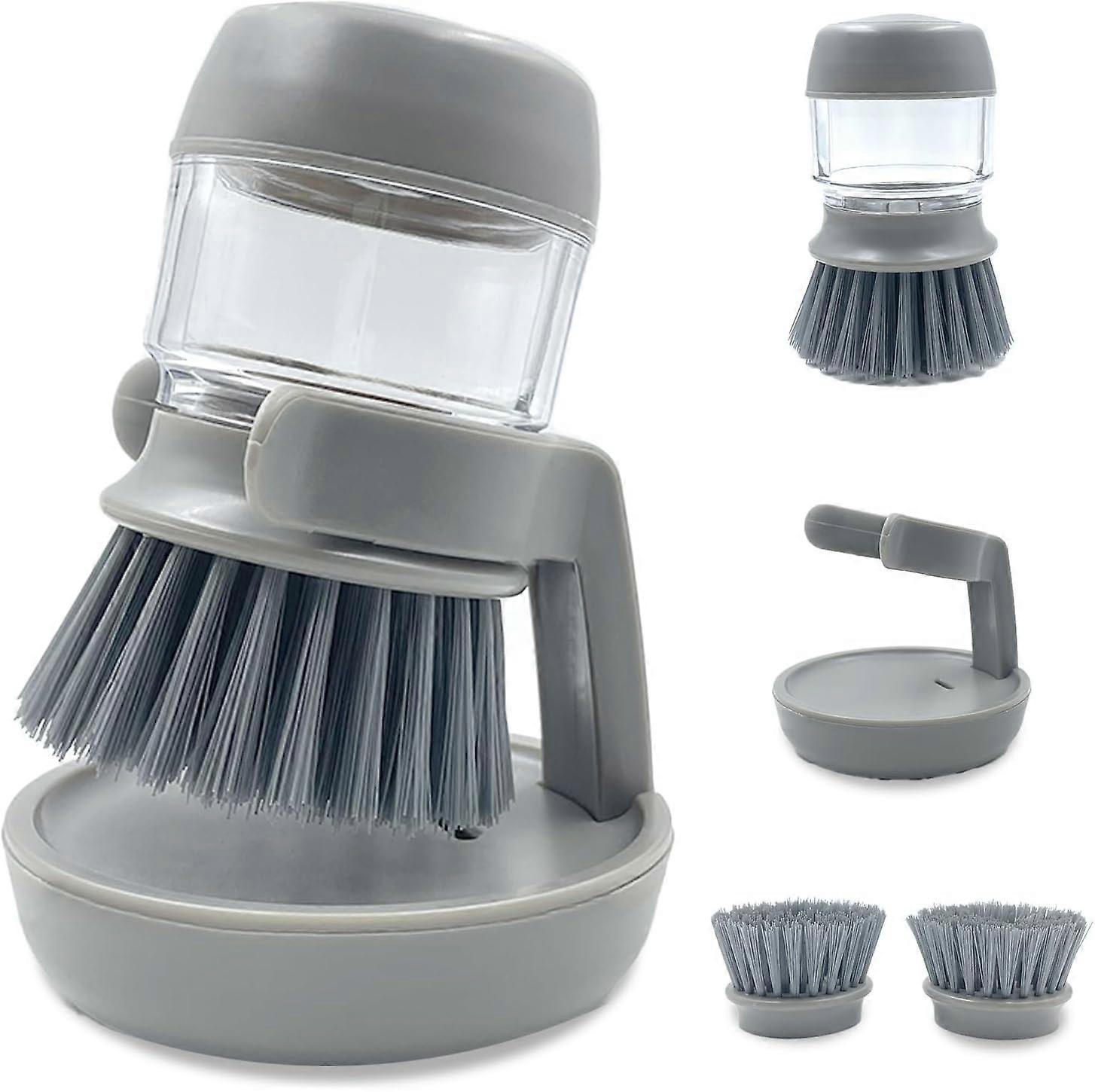 Soap Dispenser Dish Brush Palm Brush Scrub Brush Equipped with Storage Bracket, Includes a Replaceable Brush(Gray)