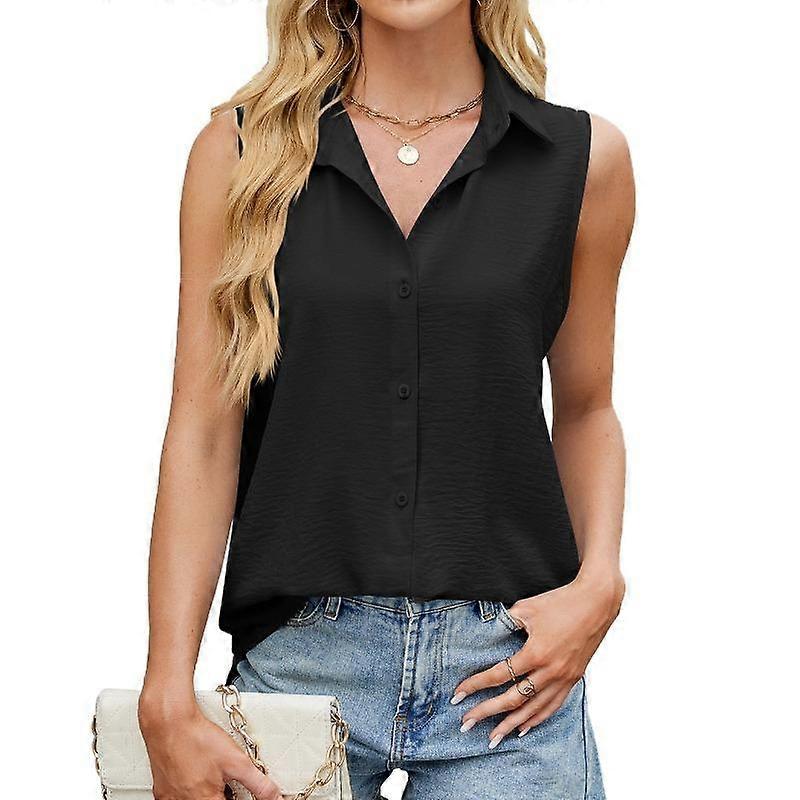 Women's Spring and Summer New Solid Colour Lapel Button Vest Chiffon Top