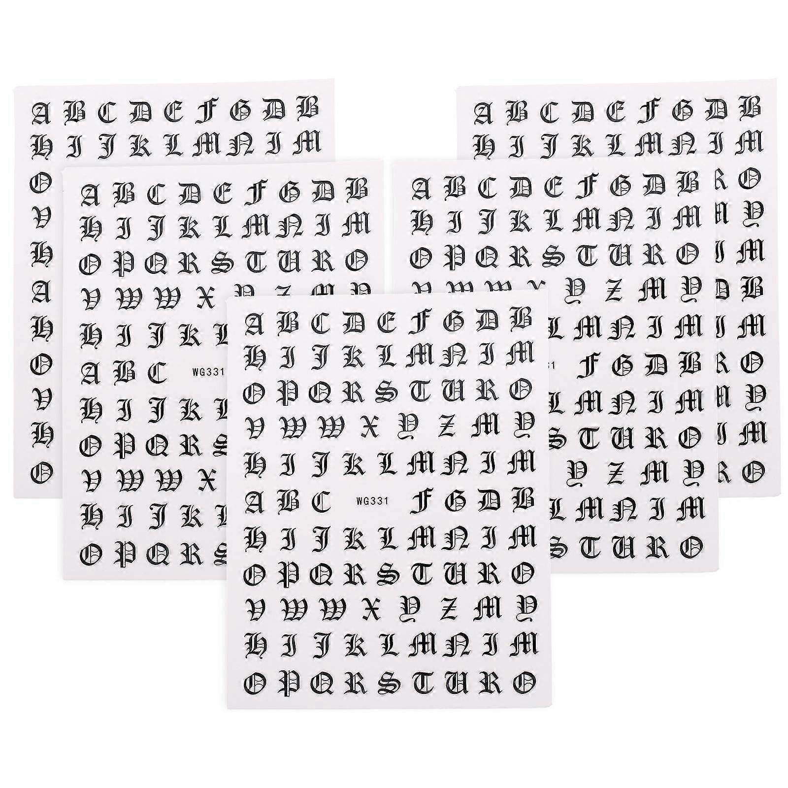 Black PVC Alphabet Nail Stickers for Decoration Easy to Apply and Remove Safe for Nails 5 Sheets