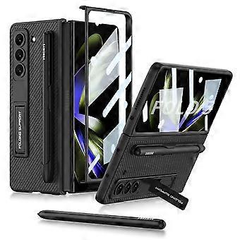 Case for Samsung Galaxy Z Fold 5, Hard PC Leather with Screen Protector, Stylus Slot, Hidden Stand, Cross Pattern Design