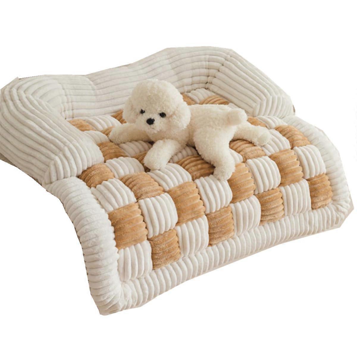 Fluffy Fuzzy Calming Dog Bed Sofa Protector Pet Mat, Cream Square Plaid Plush Dog Mat (Light Curry 70*70cm)