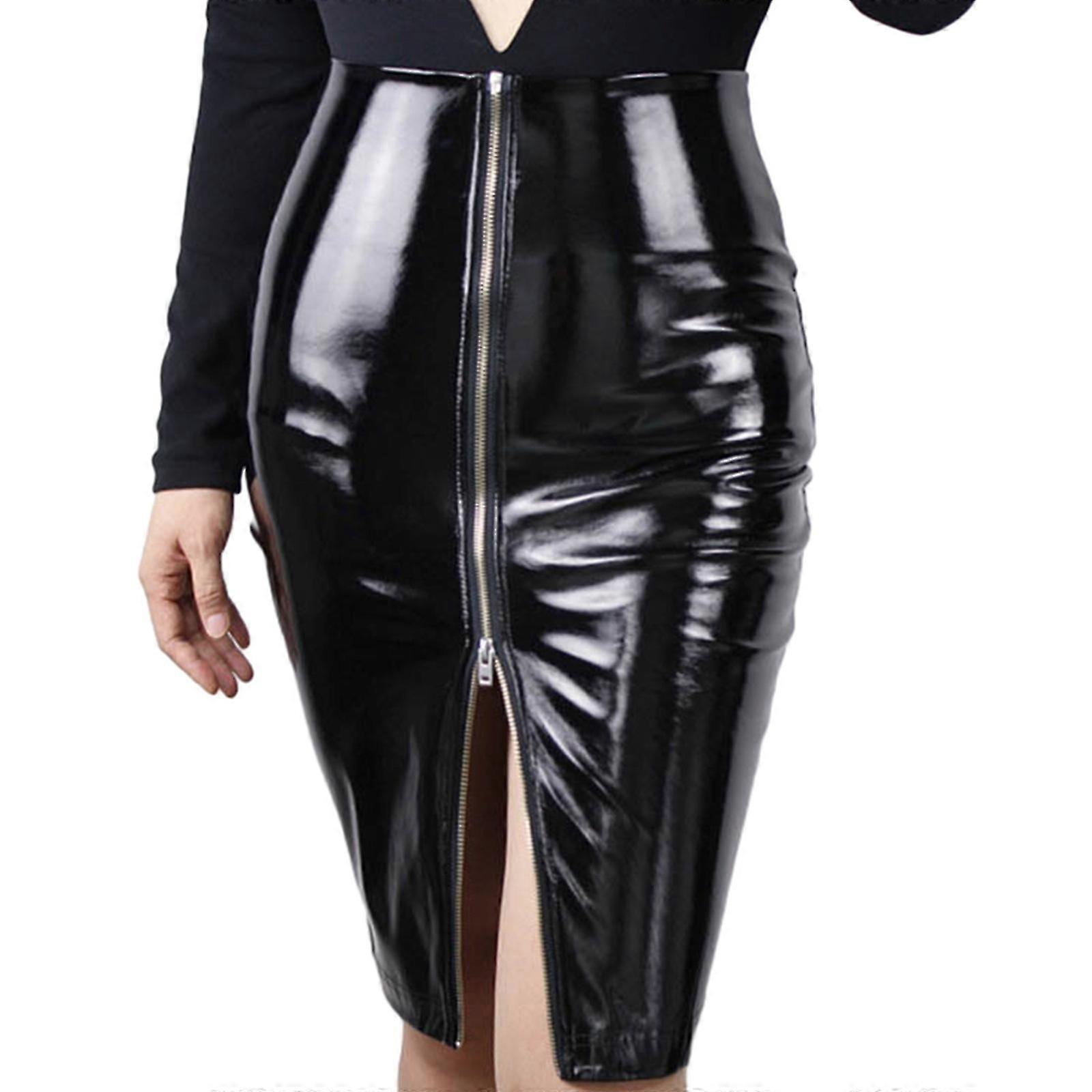 Sexy Red Faux Leather High Waist Pencil Skirt with Side Zipper & Split