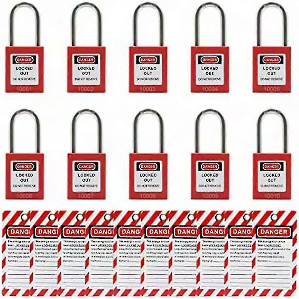 10 Red Lockout Tagout Locks with Tags - Keyed Different, OSHA Compliant Safety Locks (Red)