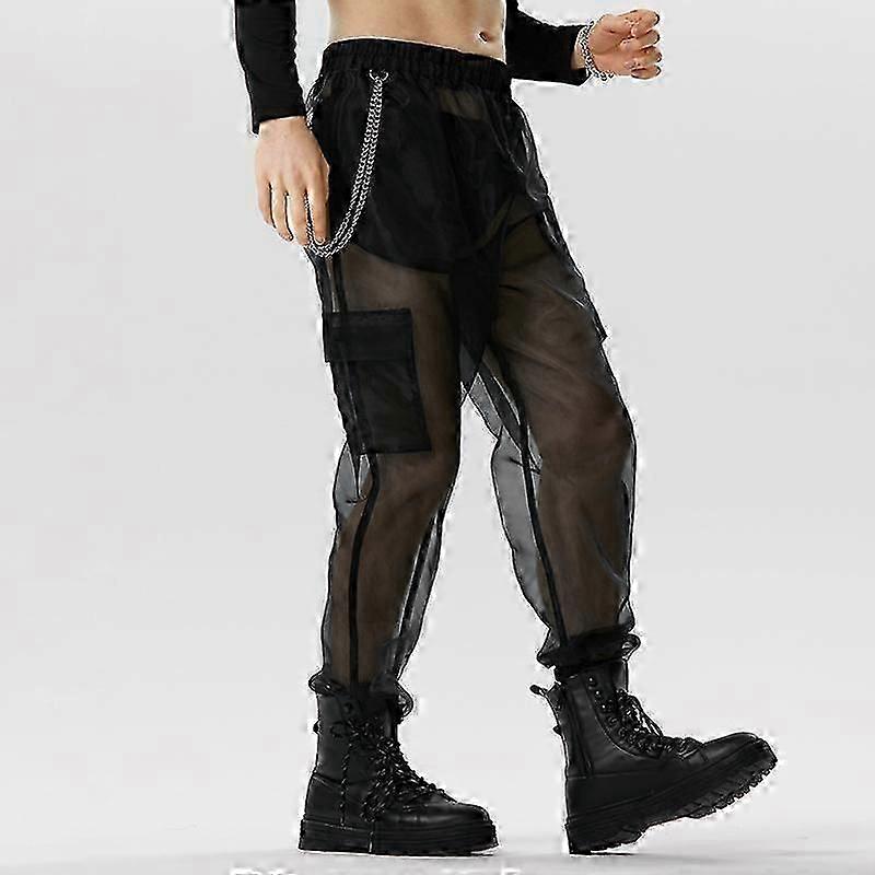INCERUN Mesh Men See Through Elastic Wiast Cargo Long Pants