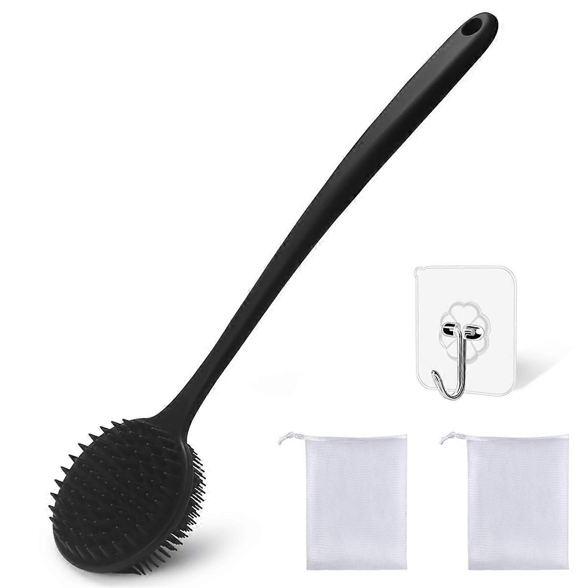 Dual-Sided Silicone Shower Brush - Long Handle Back Scrubber for Exfoliation & Massage, Creates Rich Lather
