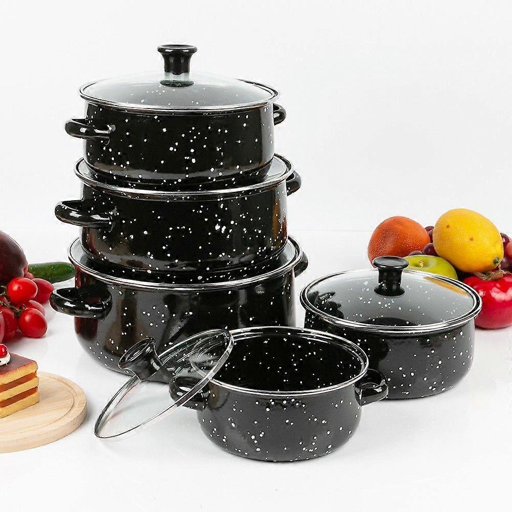 5pcs Enamel Stew Pot: Enamelled Casserole Pot With Glass Lid Dual Handles - Kitchen Stockpot Cookware For Soup Stew Boiling Noodle