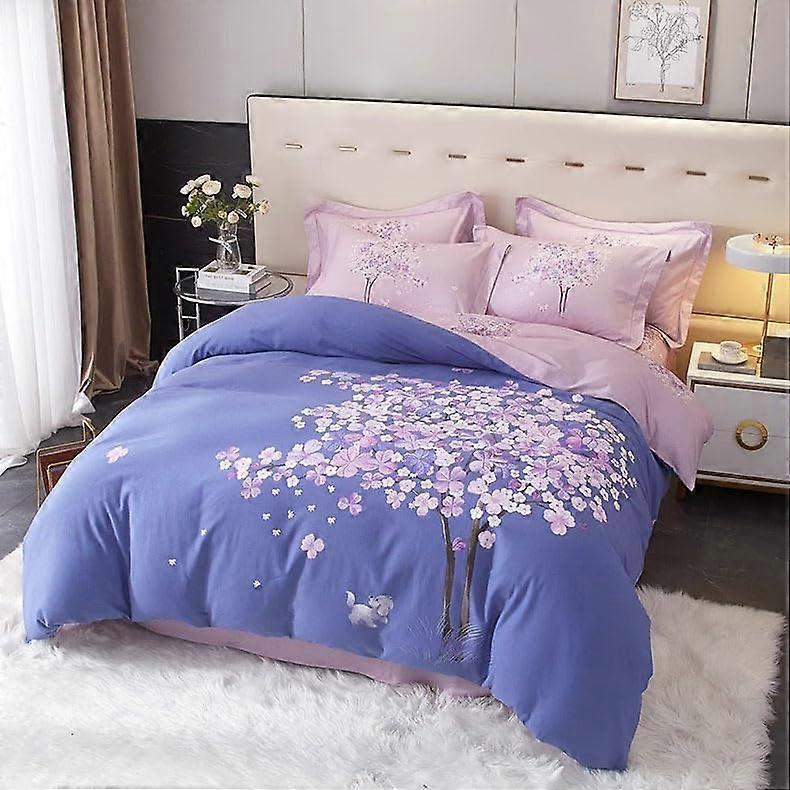 Print Bed Set Purple 2m Queen Size Cotton Cover Sheets With Quilt Cover Flat Sheets Pillow Shams Pillowcases