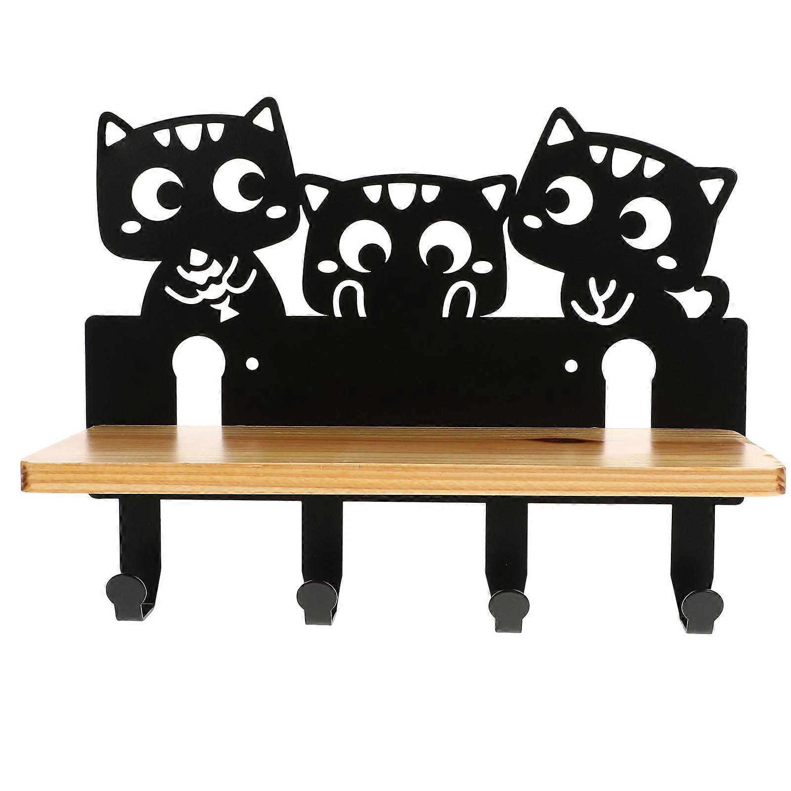 Hook Shelf Wall Storage Rack Creative Cat Shape Design Home Decor Easy Installation Black 25x19.5cm 1Pack