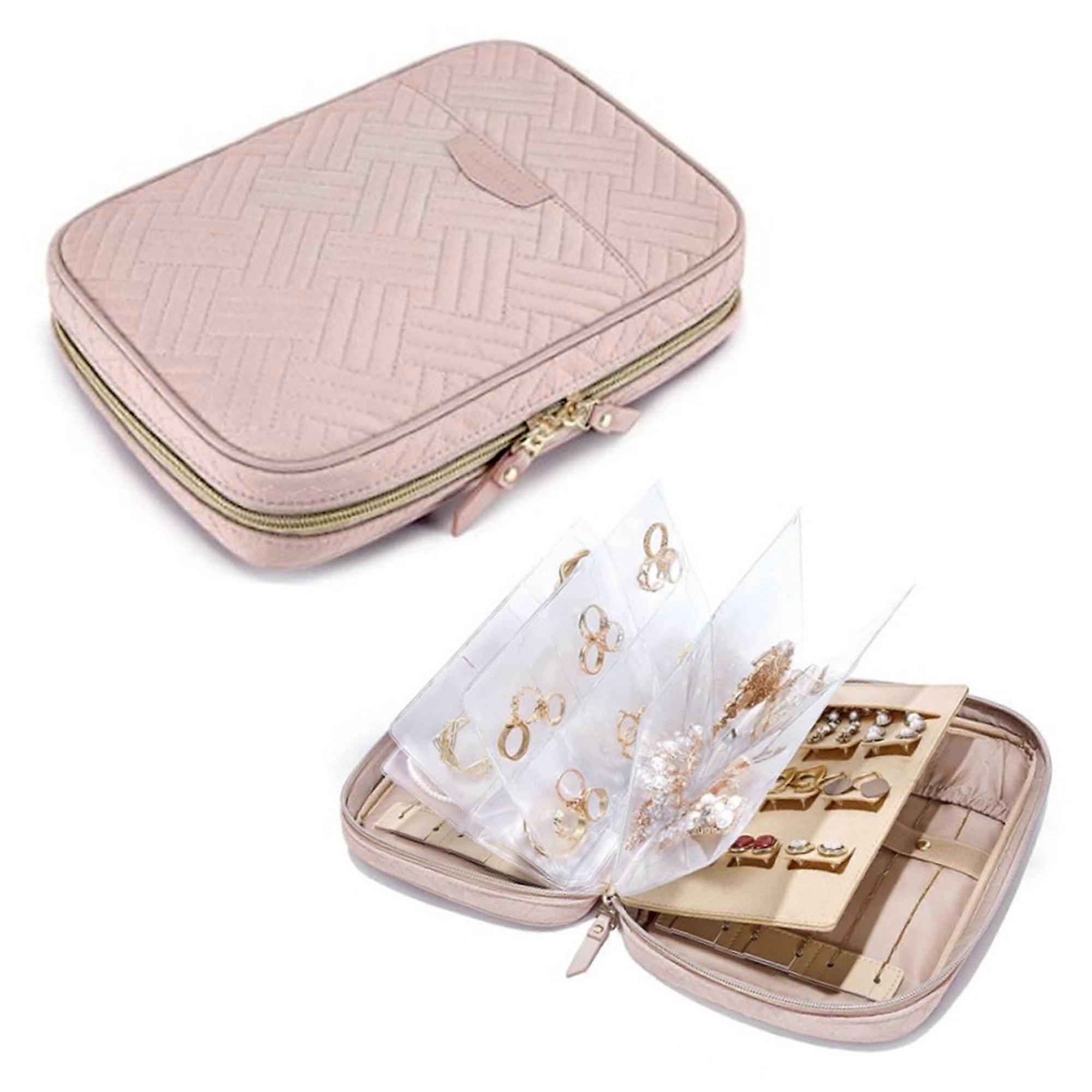 Travel Jewellery Box Pink With Clear Pockets And Zipper, Large Capacity Organiser For Earrings Necklaces Bracelets