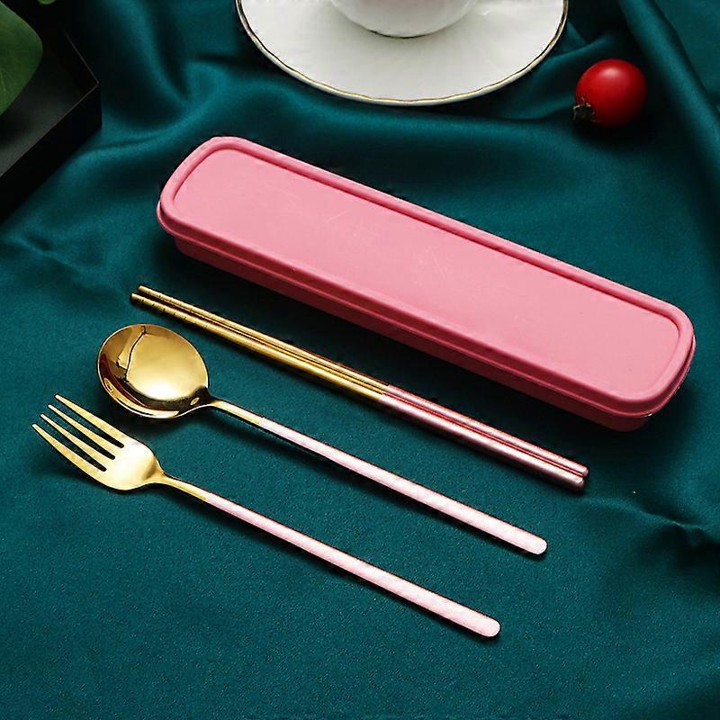 Pink - Spoon, Fork and Chopsticks Three-piece Set 304 Stainless Steel Portable Tableware Korean Spoon, Fork and Chopsticks Three-piece Set Student