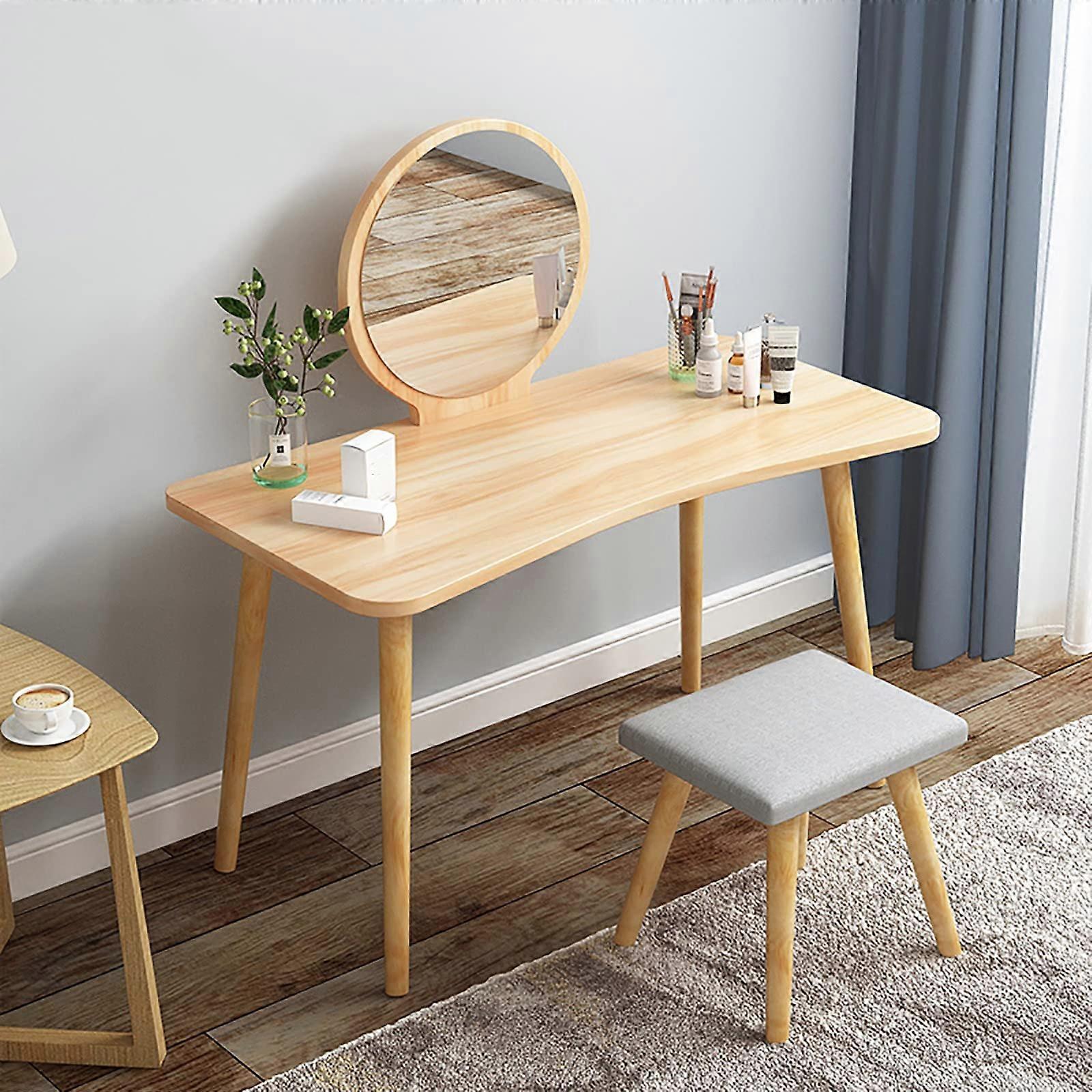 Multifunctional Table With Thickened Plate, Cushioned Stool And Mirror, Easy Assembly, Blue And Wood Finish