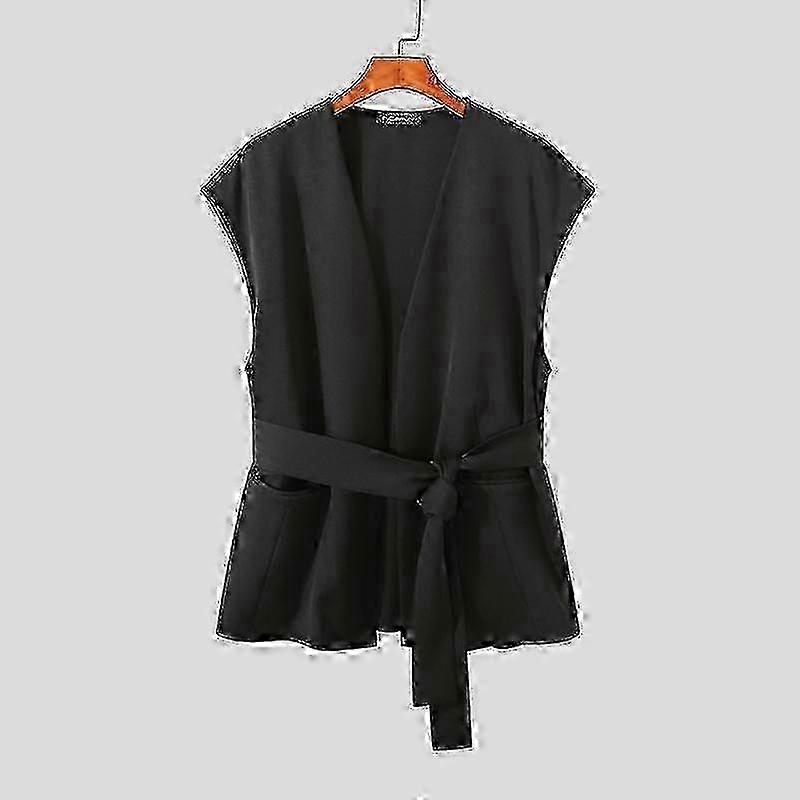 Herrenmode ärmellose Weste mit Gürtel Strickjacke vorne offen - Einfarbige Weste Bluse von INCERUN