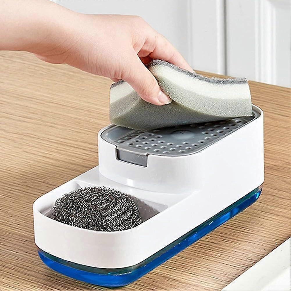 Soap Dispenser with Sponge Holder Push-Type Dishwashing Liquid Container for Kitchen Sink White
