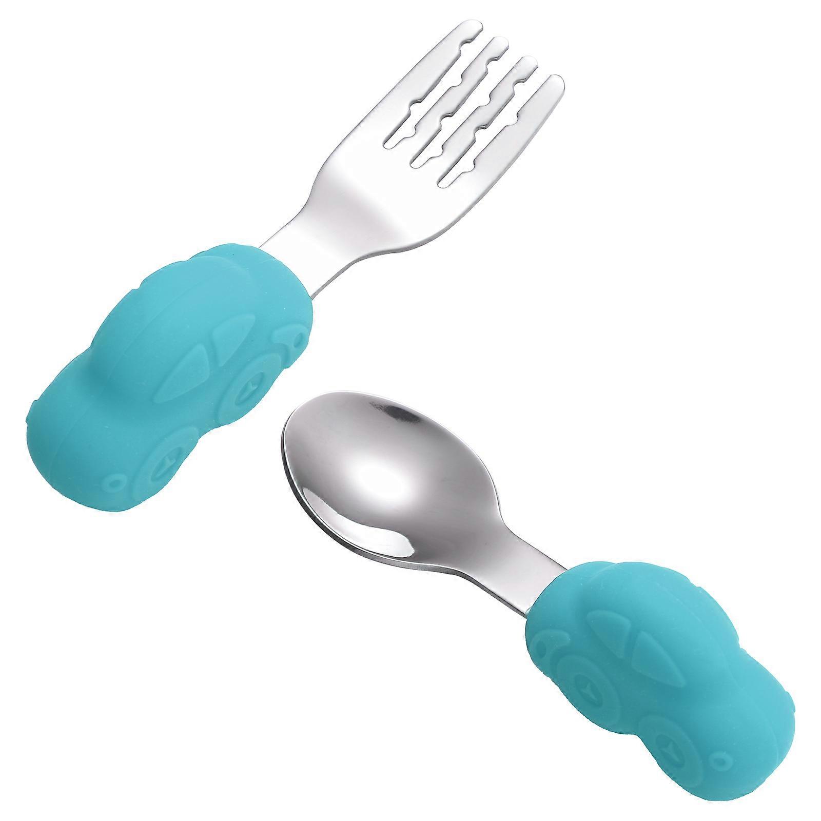 1 Pair Children Training Tableware Stainless Steel Short Handle Fork and Spoon