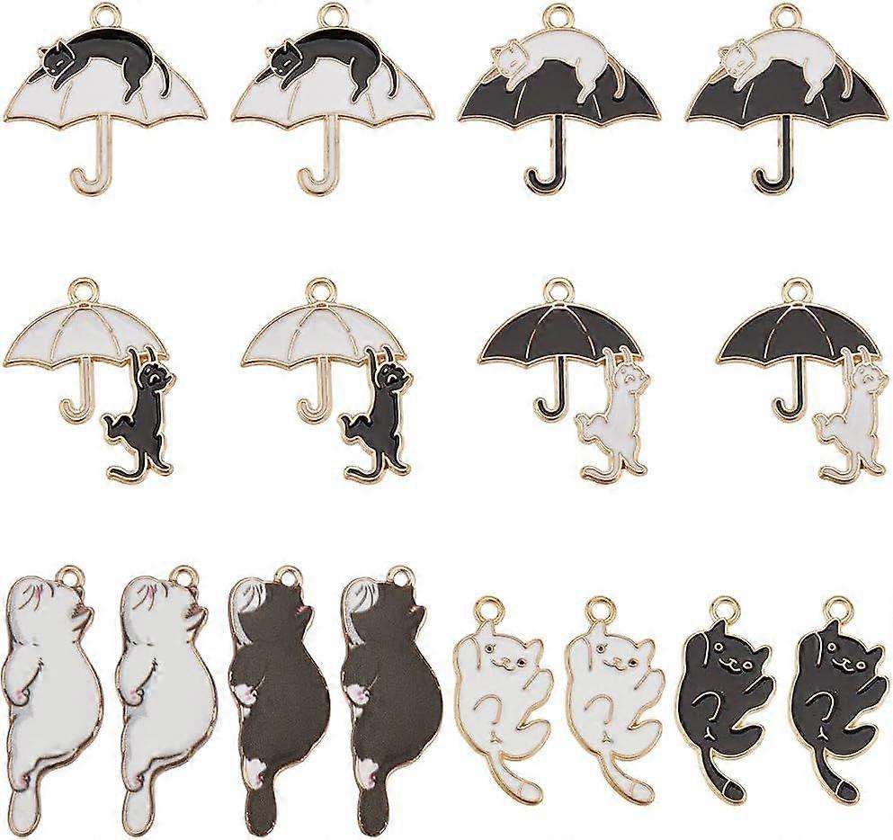 1 Box 4 Styles 32Pcs Enamel Cat Charms Assorted Cat Charms Bulk Small Alloy Black White Cute Cats on Umbrella Kitten Charms for Jewelry Making Charms 