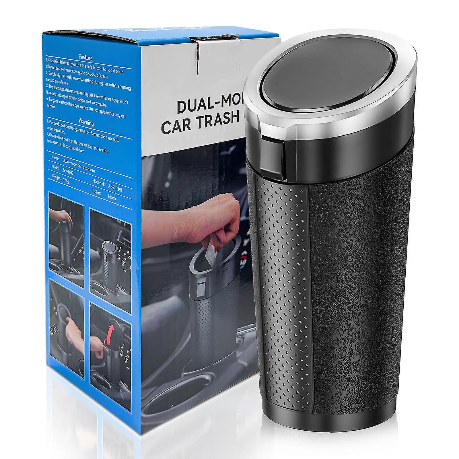 Car Trash Can with Lid Leakproof Garbage Bin Dual Storage SpaceSaving for Auto Door Black