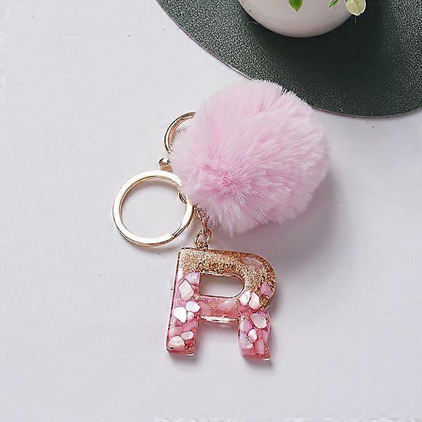 Keychain Pink Pompom Ball Keychain with 26 Letters Resin Keychains R