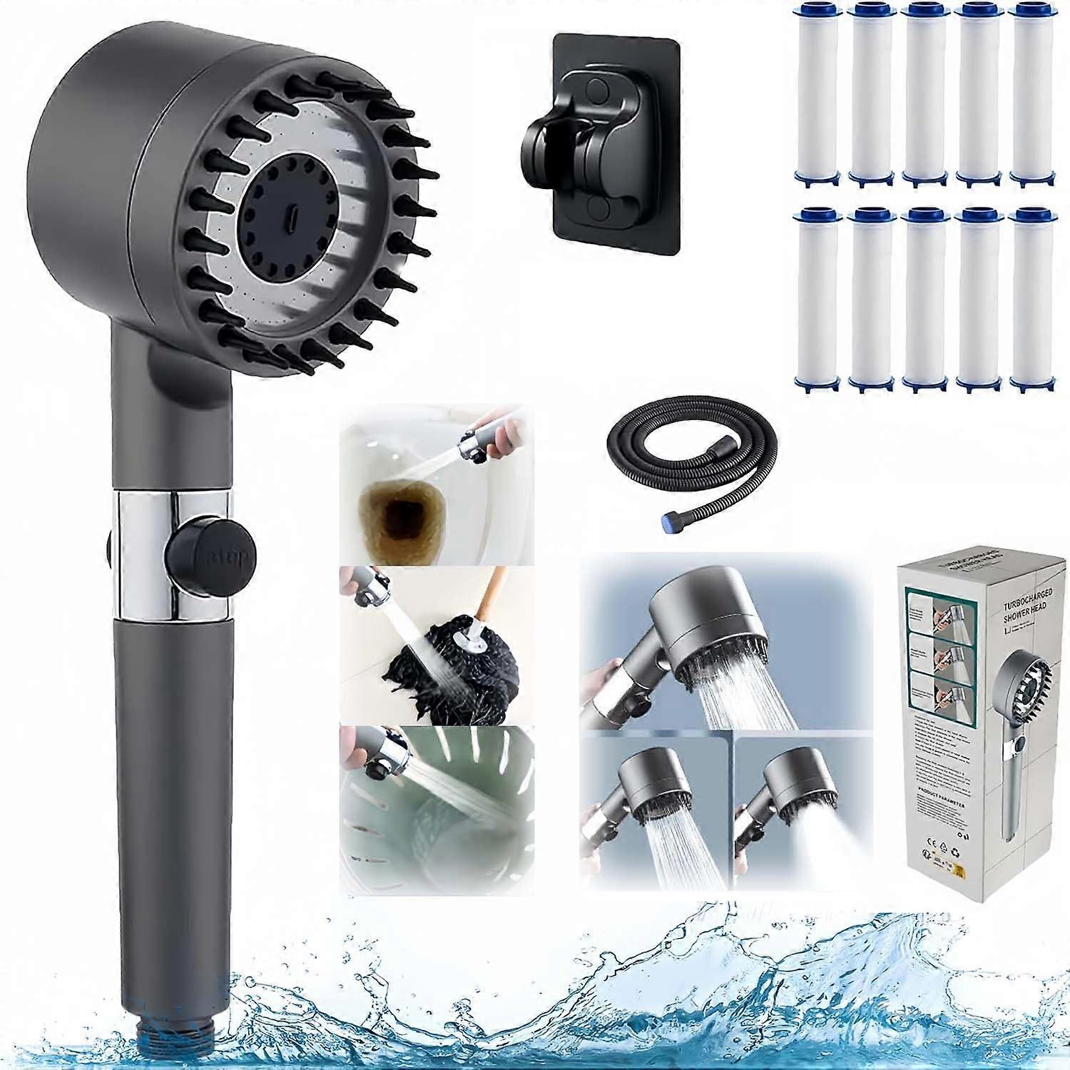 Pressure Massage Shower Head with Filter, 3 Spray Modes, 10 Filters, Hose and Holder