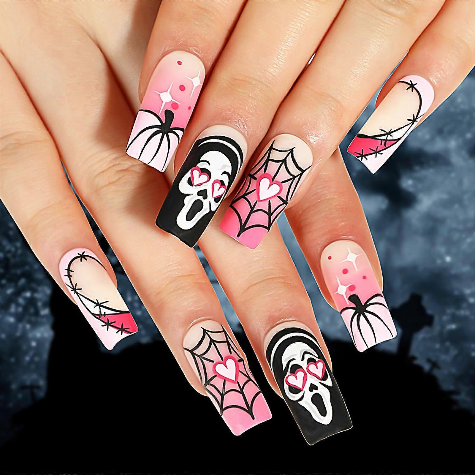 Halloween Press On Nails Medium Square Pink Gradient with Pumpkin Spider Web Skull Designs and Glue