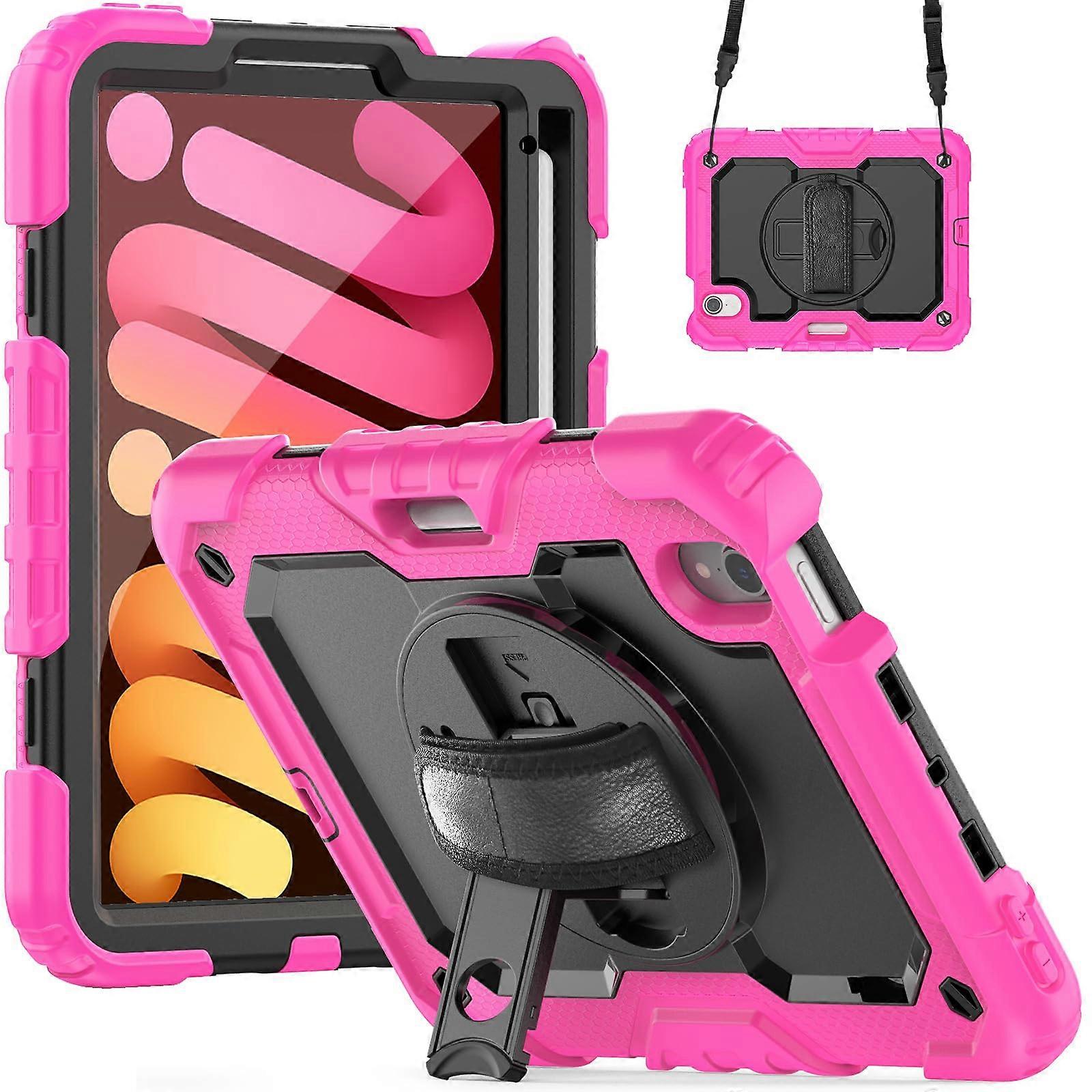 Shockproof Case with 360° Stand, Screen Protector, Strap, Rose for iPad Mini 7 2024 and Mini 6 8.3