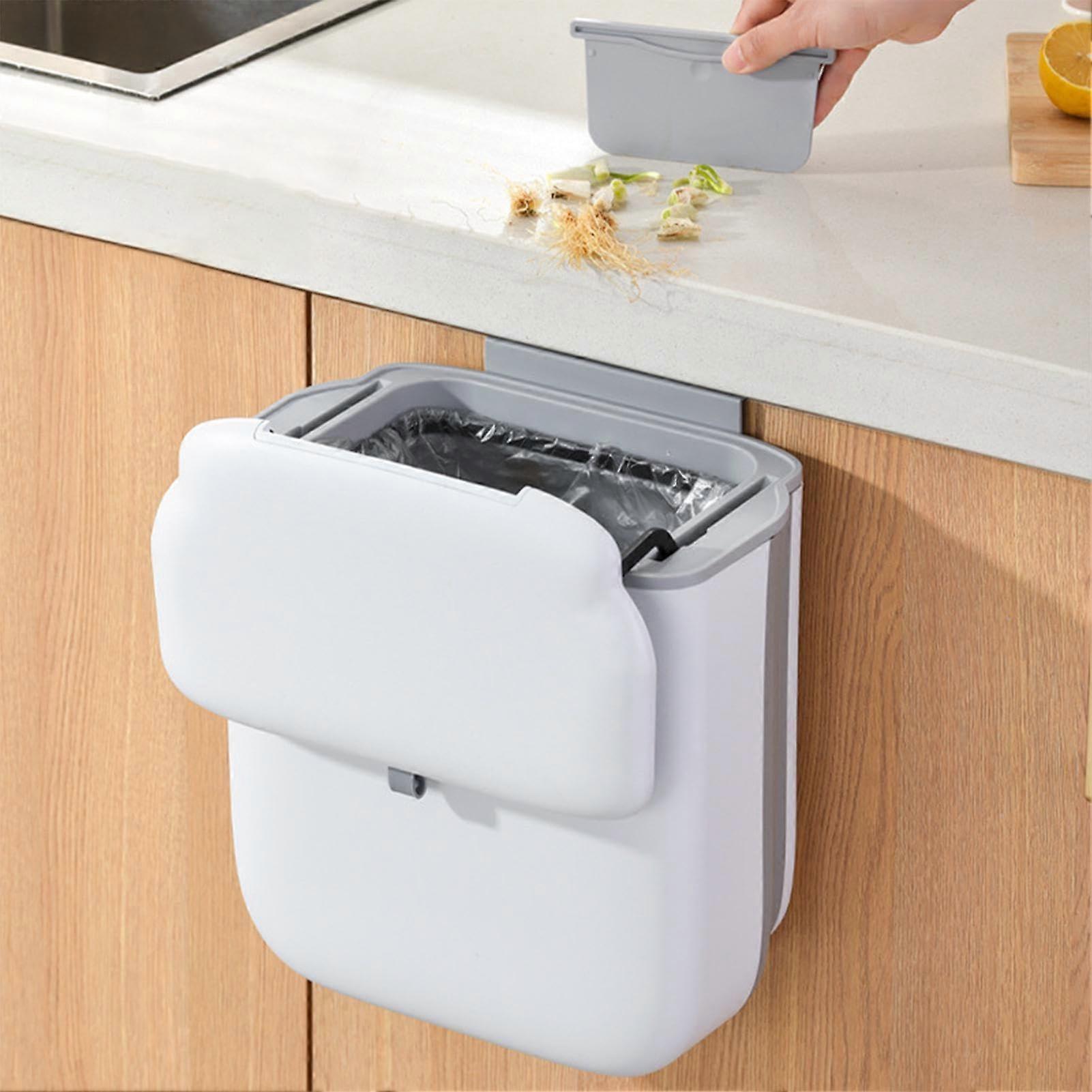 Hanging Trash Can with Lid, 10L Foldable Kitchen Garbage Bin for Cabinet Door and Space Saving