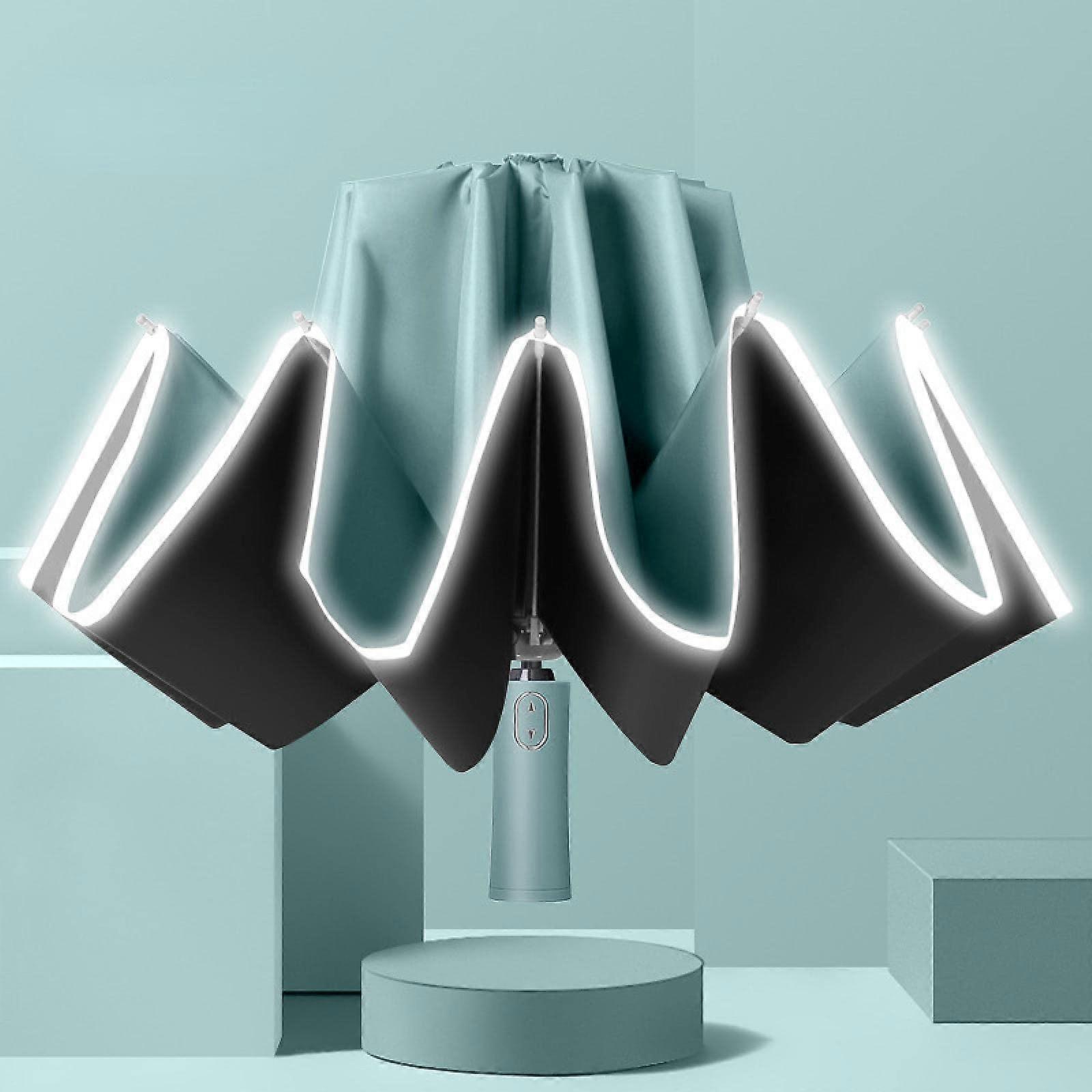 Reverse Folding Windproof Umbrella with Reflective Strip, Automatic Sun and Rain Protection, Green