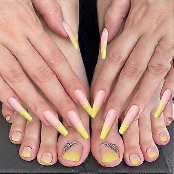 French Yellow Coffin Press On Nails 48pcs Full Cover Gradient Tips for Fingers and Toes