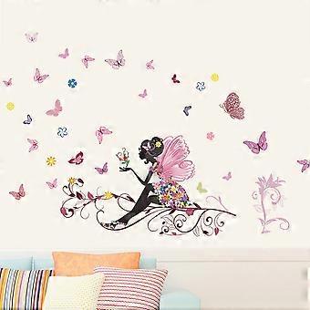 Heytea Romantic Pink Flower Fairy Girl Releasing Butterflies Removable Wall Sticker Decal, Living Room Bedroom Home Nursery Decoration Adhesive DIY Ar