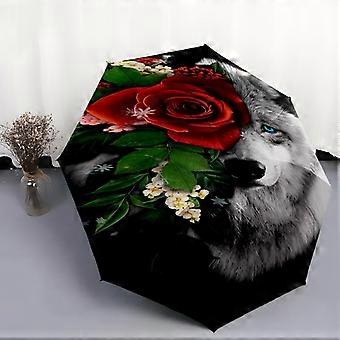 1pc Wolf Theme pattern Umbrella Portable Folding Umbrella Iron Frame Hole Bone Structure Outdoor Home Umbrella