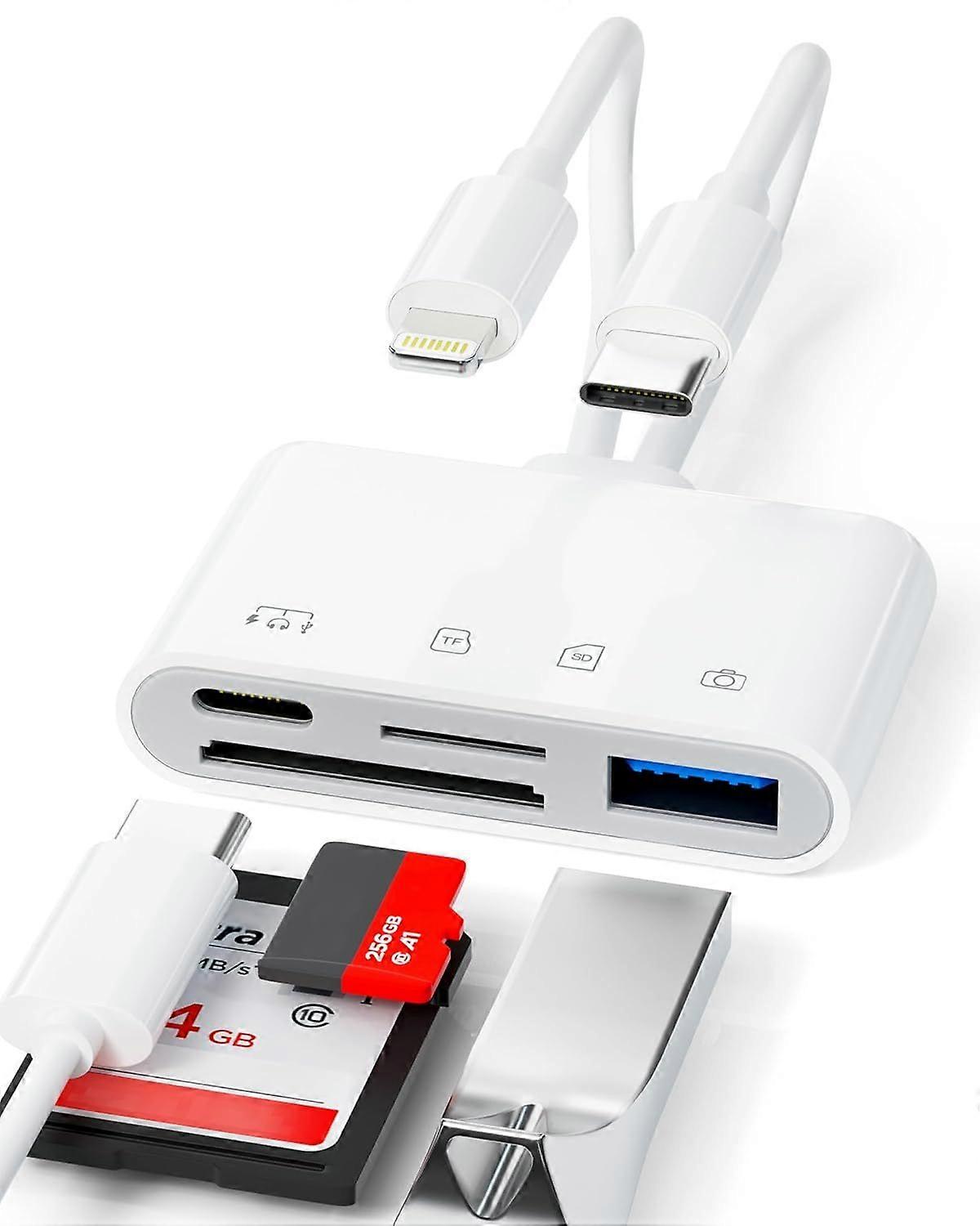 SD, iPhone Camera Card Reader, 4-in-2 Lightning+USB C SD Card Reader with SD/TF+USB+PD