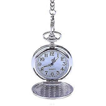 Herren-Taschenuhr mit blankem Edelstahlgehäuse, weißem Zifferblatt und arabischen Ziffern und Kette
