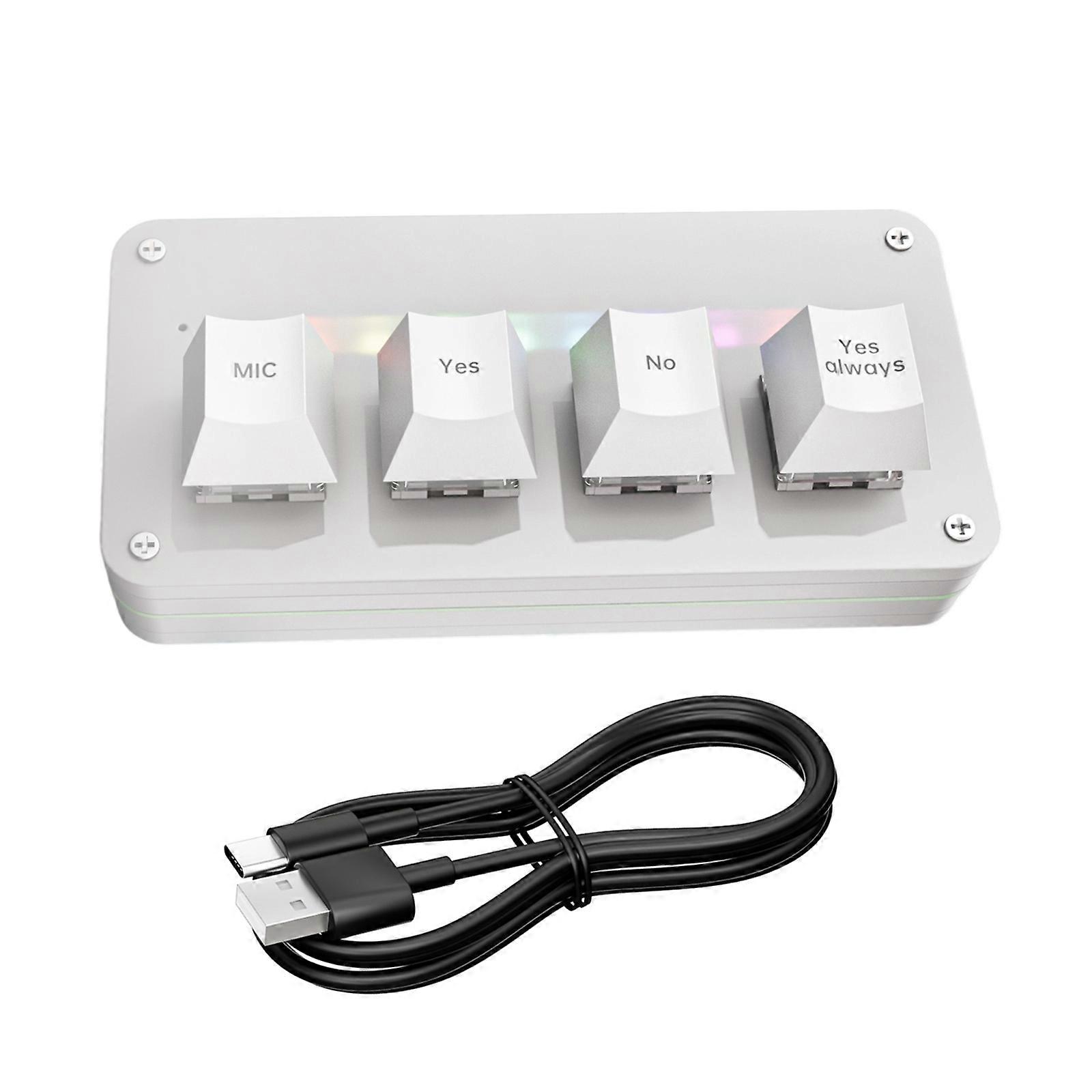 Desktop Voice Input Mini Keypad with 4 Button Programming, Clear Acrylic Housing, Light Bar and USB C Computer Command Support Keyboard  White
