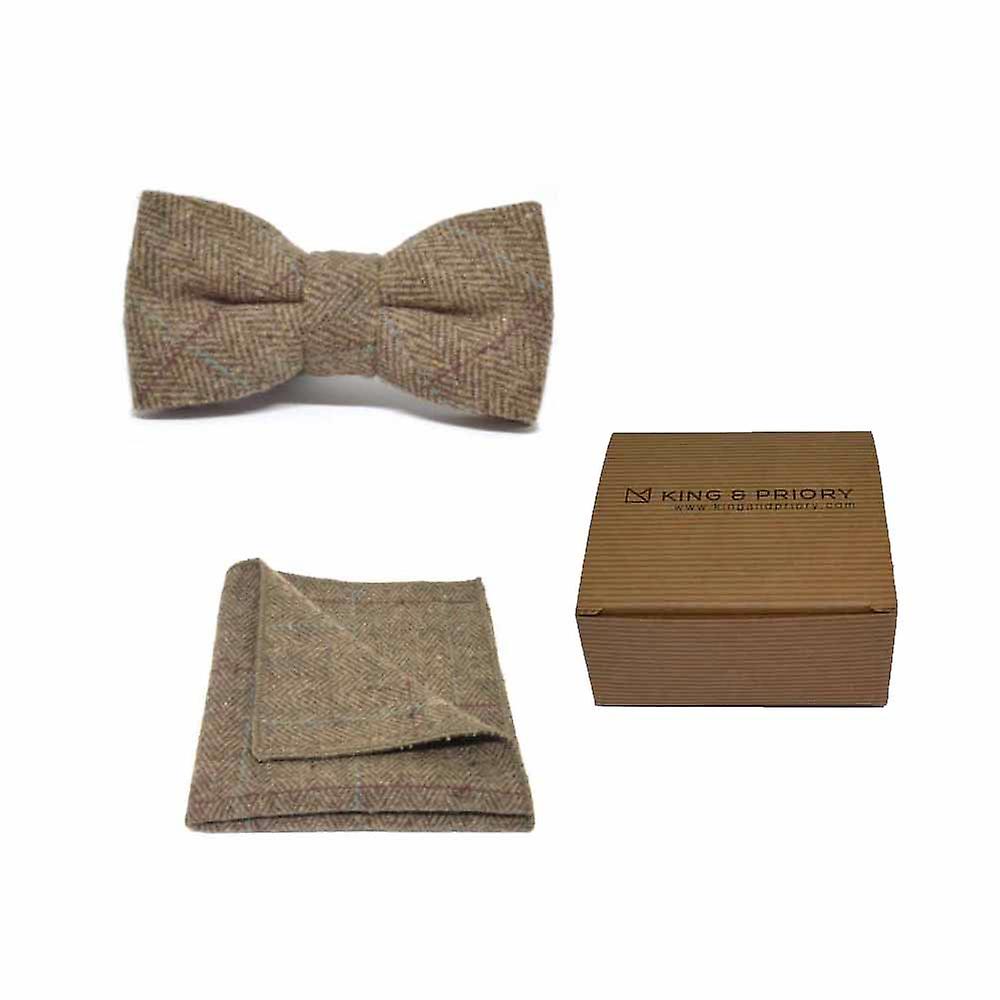 Luxury Herringbone Brown Tweed Bow Tie &amp; Pocket Square Set | Boxed