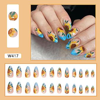 Blue Edge Sunflower Almond False Manicure Durable & Never Splitting Comfort Fake Nails For Daily And Parties Wearing