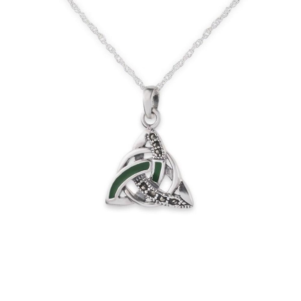 Celtic Holy Trinity Knot Necklace Pendant - Marcasite Stones & Green Enamel - Includes A 18"Silver Chain