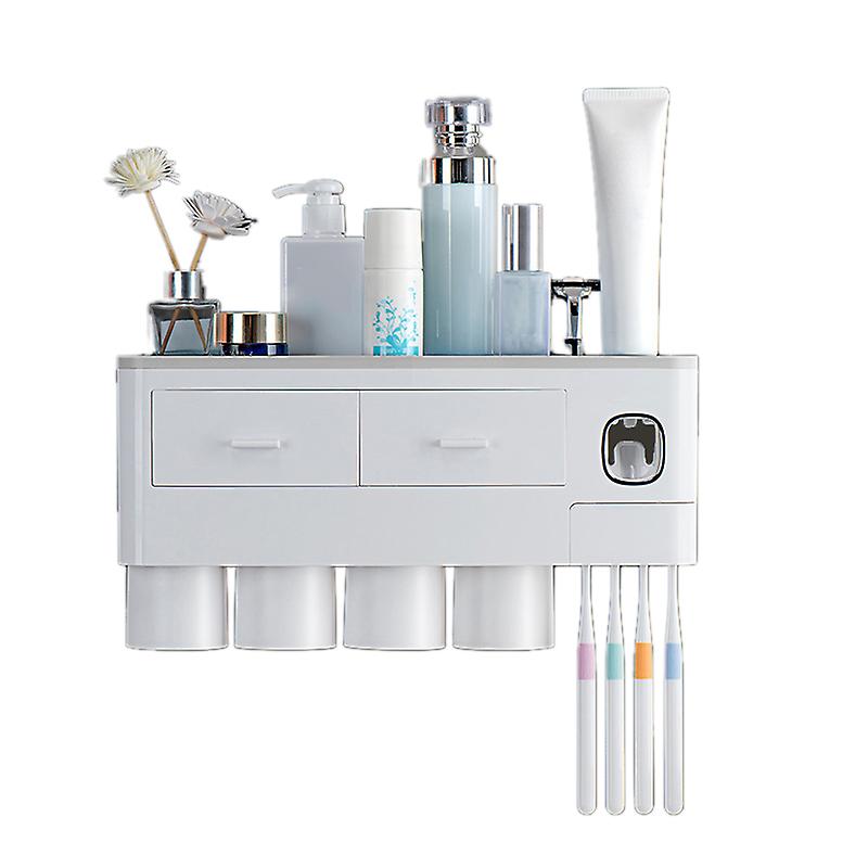 Wall Mounted Toothbrush Holder Multi Function Magnetic Absorption Bathroom Storage Rack with Drawer Toothpaste Dispenser