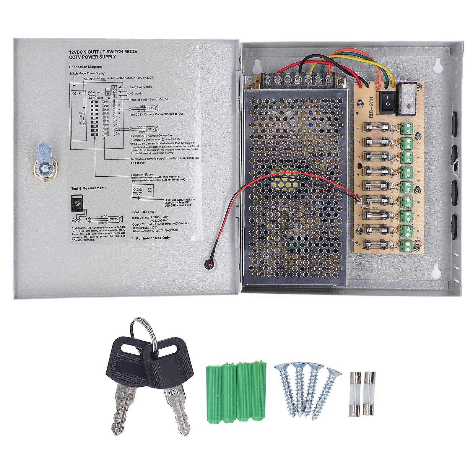 Power Supply Box,Distributed Power Supply Box 9 Channel 12V 10A Output 110V 220V Input with Lock for CCTV Camera